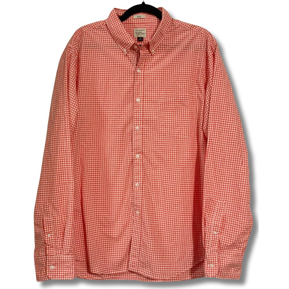 J. CREW Orange white gingham long-sleeve men's shirt ~ LARGE XL 1X button-down